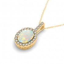Opal & Diamond Halo Oval Pendant Necklace 14k Yellow Gold (0.64ct)