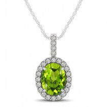 Peridot & Diamond Halo Oval Pendant Necklace 14k White Gold (1.12ct)