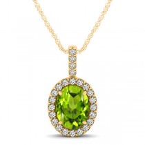 Peridot & Diamond Halo Oval Pendant Necklace 14k Yellow Gold (1.12ct)
