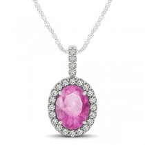 Pink Sapphire & Diamond Halo Oval Pendant Necklace 14k White Gold (1.17ct)
