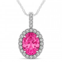 Pink Tourmaline & Diamond Halo Oval Pendant Necklace 14k White Gold (3.02ct)
