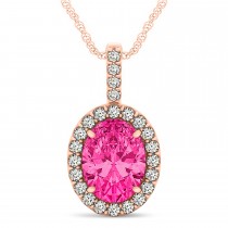 Pink Tourmaline & Diamond Halo Oval Pendant Necklace 14k Rose Gold (1.17ct)