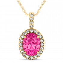 Pink Tourmaline & Diamond Halo Oval Pendant Necklace 14k Yellow Gold (1.17ct)