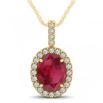 Ruby & Diamond Halo Oval Pendant Necklace 14k Yellow Gold (3.37ct)