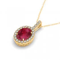 Ruby & Diamond Halo Oval Pendant Necklace 14k Yellow Gold (3.37ct)
