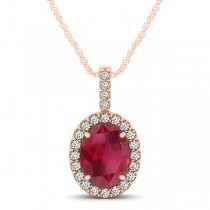 Ruby & Diamond Halo Oval Pendant Necklace 14k Rose Gold (1.23ct)