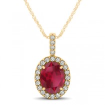 Ruby & Diamond Halo Oval Pendant Necklace 14k Yellow Gold (1.23ct)