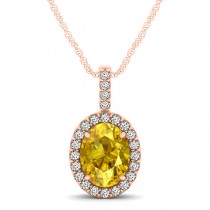 Yellow Sapphire & Diamond Halo Oval Pendant Necklace 14k Rose Gold (1.17ct)