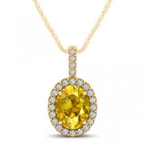 Yellow Sapphire & Diamond Halo Oval Pendant Necklace 14k Yellow Gold (1.17ct)