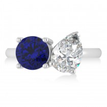 Round/Pear Diamond & Blue Sapphire Toi et Moi Ring 14k White Gold (4.00ct)