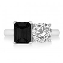 Emerald/Round Black & White Diamond Toi et Moi Ring 14k White Gold (4.50ct)