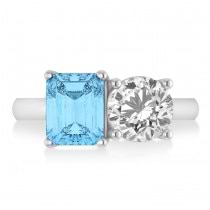 Emerald/Round Diamond & Blue Topaz Toi et Moi Ring 14k White Gold (4.50ct)