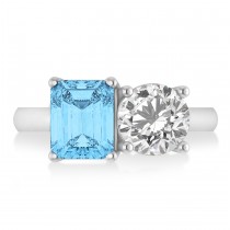 Emerald/Round Diamond & Blue Topaz Toi et Moi Ring 18k White Gold (4.50ct)