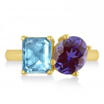 Emerald/Oval Lab Alexandrite & Blue Topaz Toi et Moi Ring 14k Yellow Gold (5.50ct)