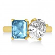 Emerald/Oval Diamond & Blue Topaz Toi et Moi Ring 18k Yellow Gold (5.50ct)