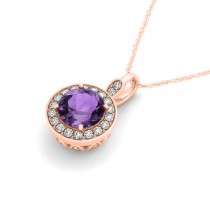 Round Amethyst & Diamond Halo Pendant Necklace 14k Rose Gold (1.80ct)