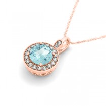 Round Aquamarine & Diamond Halo Pendant Necklace 14k Rose Gold (2.22ct)