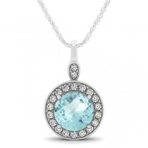 Round Aquamarine & Diamond Halo Pendant Necklace 14k White Gold (2.22ct)