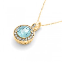 Round Aquamarine & Diamond Halo Pendant Necklace 14k Yellow Gold (2.22ct)