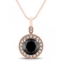 Round Black Diamond & Diamond Halo Pendant Necklace 14k Rose Gold (1.80ct)