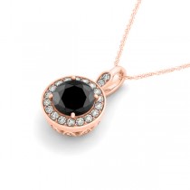 Round Black Diamond & Diamond Halo Pendant Necklace 14k Rose Gold (1.80ct)