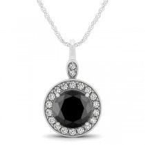 Round Black Diamond & Diamond Halo Pendant Necklace 14k White Gold (1.80ct)