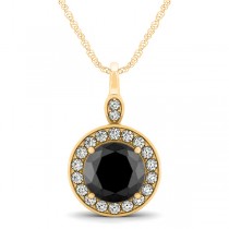 Round Black Diamond & Diamond Halo Pendant Necklace 14k Yellow Gold (1.80ct)