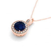 Round Blue Sapphire & Diamond Halo Pendant Necklace 14k Rose Gold (2.30ct)