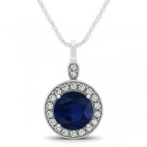 Round Blue Sapphire & Diamond Halo Pendant Necklace 14k White Gold (2.30ct)