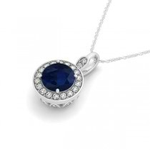 Round Blue Sapphire & Diamond Halo Pendant Necklace 14k White Gold (2.30ct)