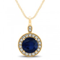 Round Blue Sapphire & Diamond Halo Pendant Necklace 14k Yellow Gold (2.30ct)