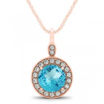 Round Blue Topaz & Diamond Halo Pendant Necklace 14k Rose Gold (2.22ct)