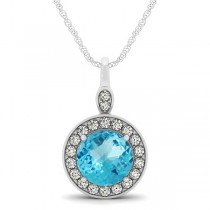 Round Blue Topaz & Diamond Halo Pendant Necklace 14k White Gold (2.22ct)