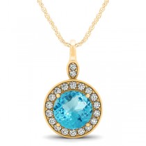 Round Blue Topaz & Diamond Halo Pendant Necklace 14k Yellow Gold (2.22ct)