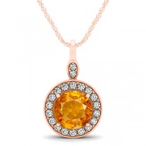 Round Citrine & Diamond Halo Pendant Necklace 14k Rose Gold (1.80ct)