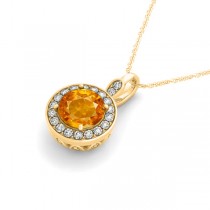 Round Citrine & Diamond Halo Pendant Necklace 14k Yellow Gold (1.80ct)
