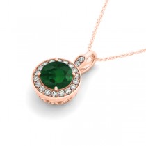 Round Emerald & Diamond Halo Pendant Necklace 14k Rose Gold (2.15ct)