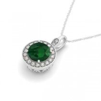 Round Emerald & Diamond Halo Pendant Necklace 14k White Gold (2.15ct)