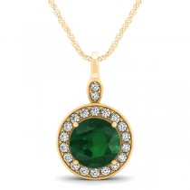 Round Emerald & Diamond Halo Pendant Necklace 14k Yellow Gold (2.15ct)