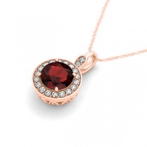 Round Garnet & Diamond Halo Pendant Necklace 14k Rose Gold (2.26ct)