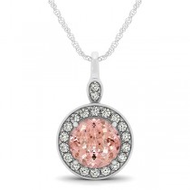 Round Pink Morganite & Diamond Halo Pendant Necklace 14k White Gold (1.85ct)