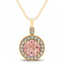 Round Pink Morganite & Diamond Halo Pendant Necklace 14k Yellow Gold (1.85ct)