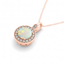 Round Opal & Diamond Halo Pendant Necklace 14k Rose Gold (1.32ct)