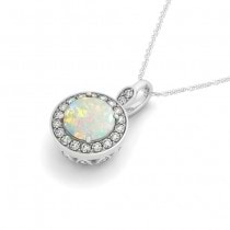 Round Opal & Diamond Halo Pendant Necklace 14k White Gold (1.32ct)