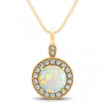 Round Opal & Diamond Halo Pendant Necklace 14k Yellow Gold (1.32ct)