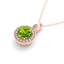 Round Peridot & Diamond Halo Pendant Necklace 14k Rose Gold (1.85ct)