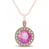 Round Pink Sapphire & Diamond Halo Pendant Necklace 14k Rose Gold (2.30ct)