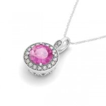 Round Pink Sapphire & Diamond Halo Pendant Necklace 14k White Gold (2.30ct)