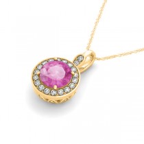 Round Pink Sapphire & Diamond Halo Pendant Necklace 14k Yellow Gold (2.30ct)