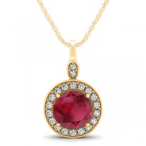 Round Ruby & Diamond Halo Pendant Necklace 14k Yellow Gold (2.30ct)